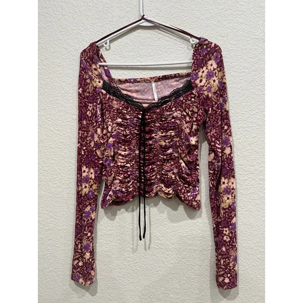 Free People Layer It On Me Long Sleeve Floral Ruched  Purple Lace Trim Large